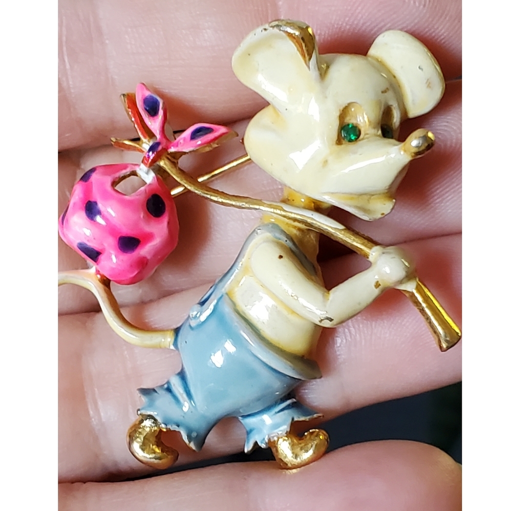 Vintage goldtone enamel hobo mouse brooch pin signed lind-gal 50's - Picture 7 of 10